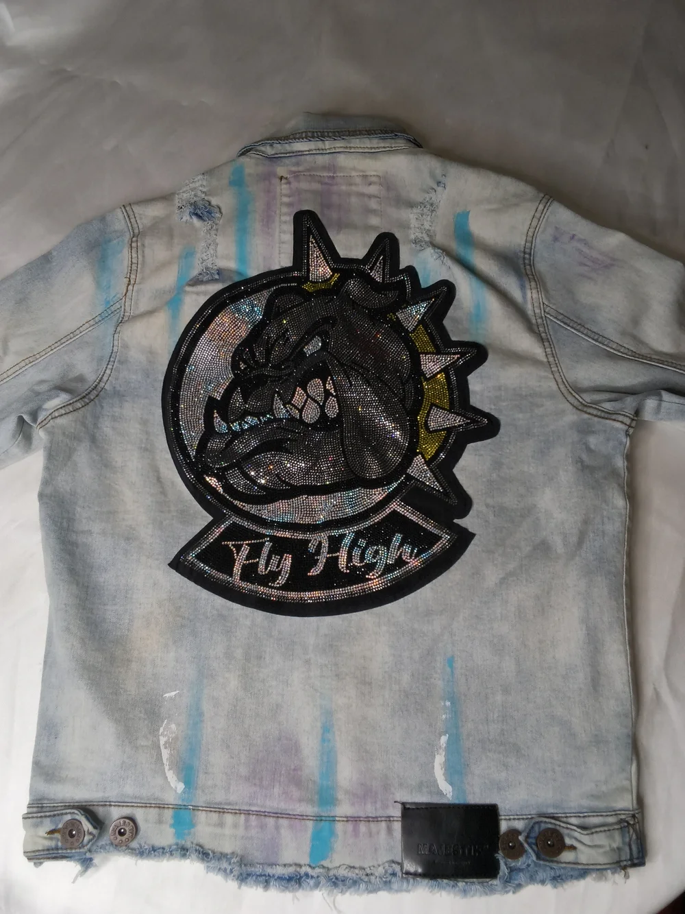 Embellished Light Blue Denim Patch Bomber Jacket